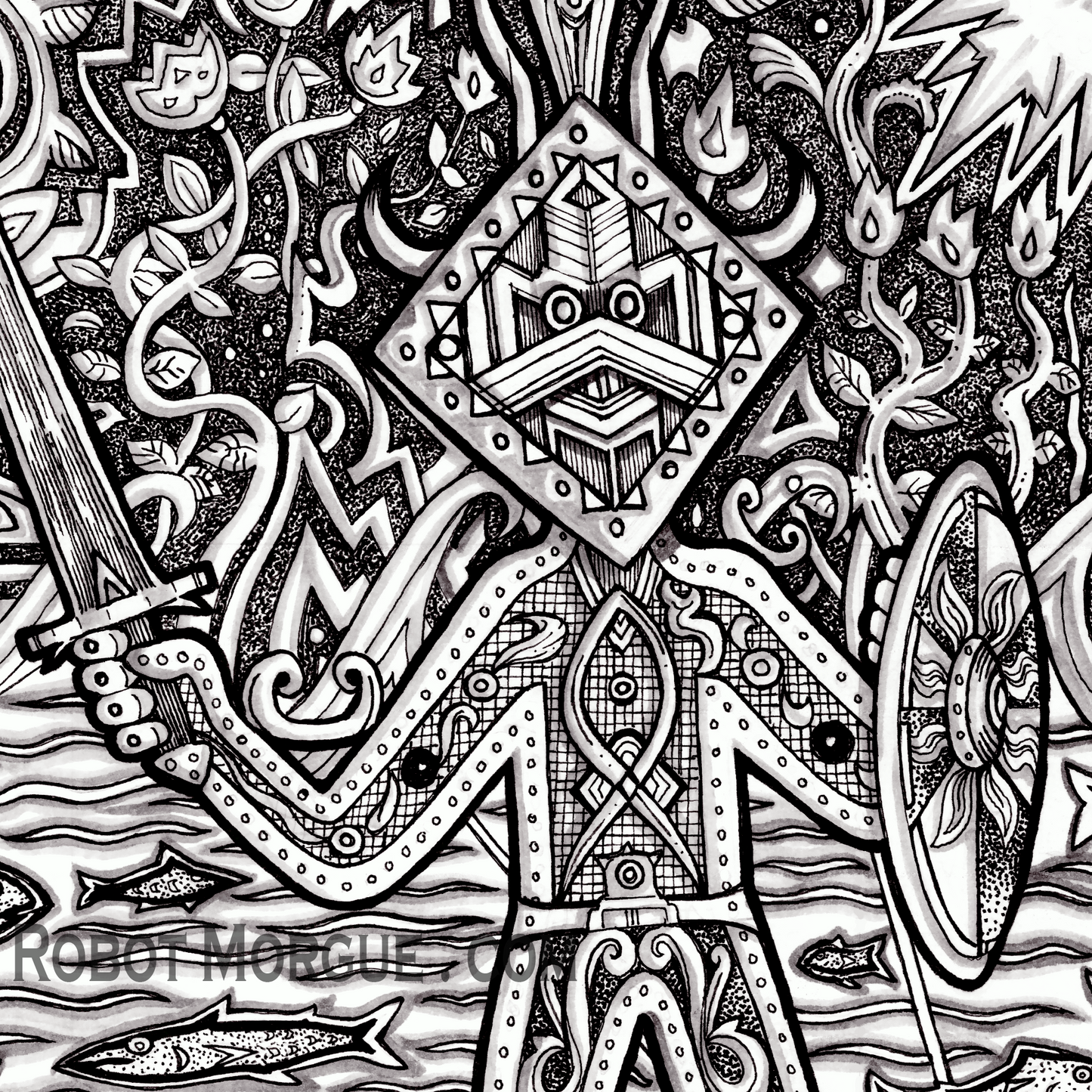 Tribal Battle – Folkloric Art Print – Ancient Sun & Warriors Wall Art