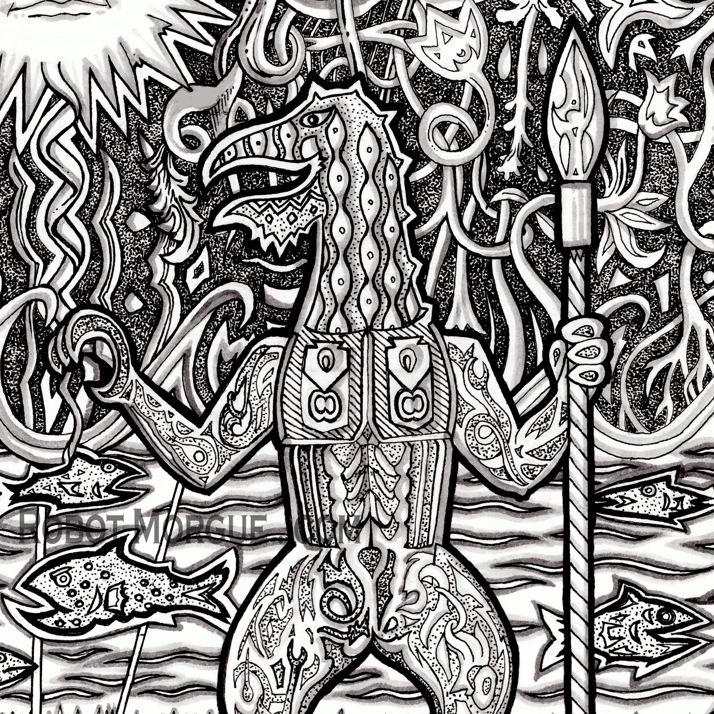 Tribal Battle – Folkloric Art Print – Ancient Sun & Warriors Wall Art