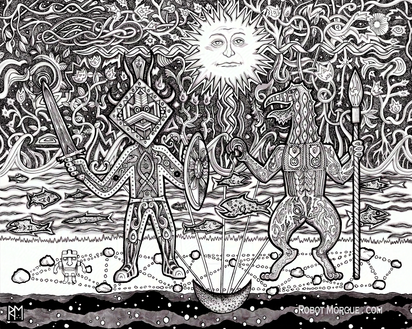 Tribal Battle – Folkloric Art Print – Ancient Sun & Warriors Wall Art