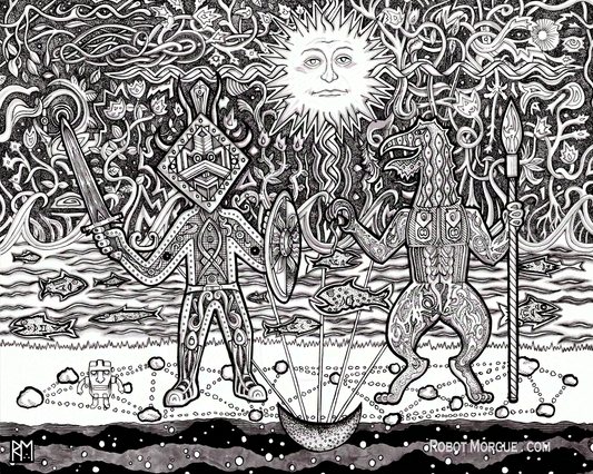 Tribal Battle – Folkloric Art Print – Ancient Sun & Warriors Wall Art