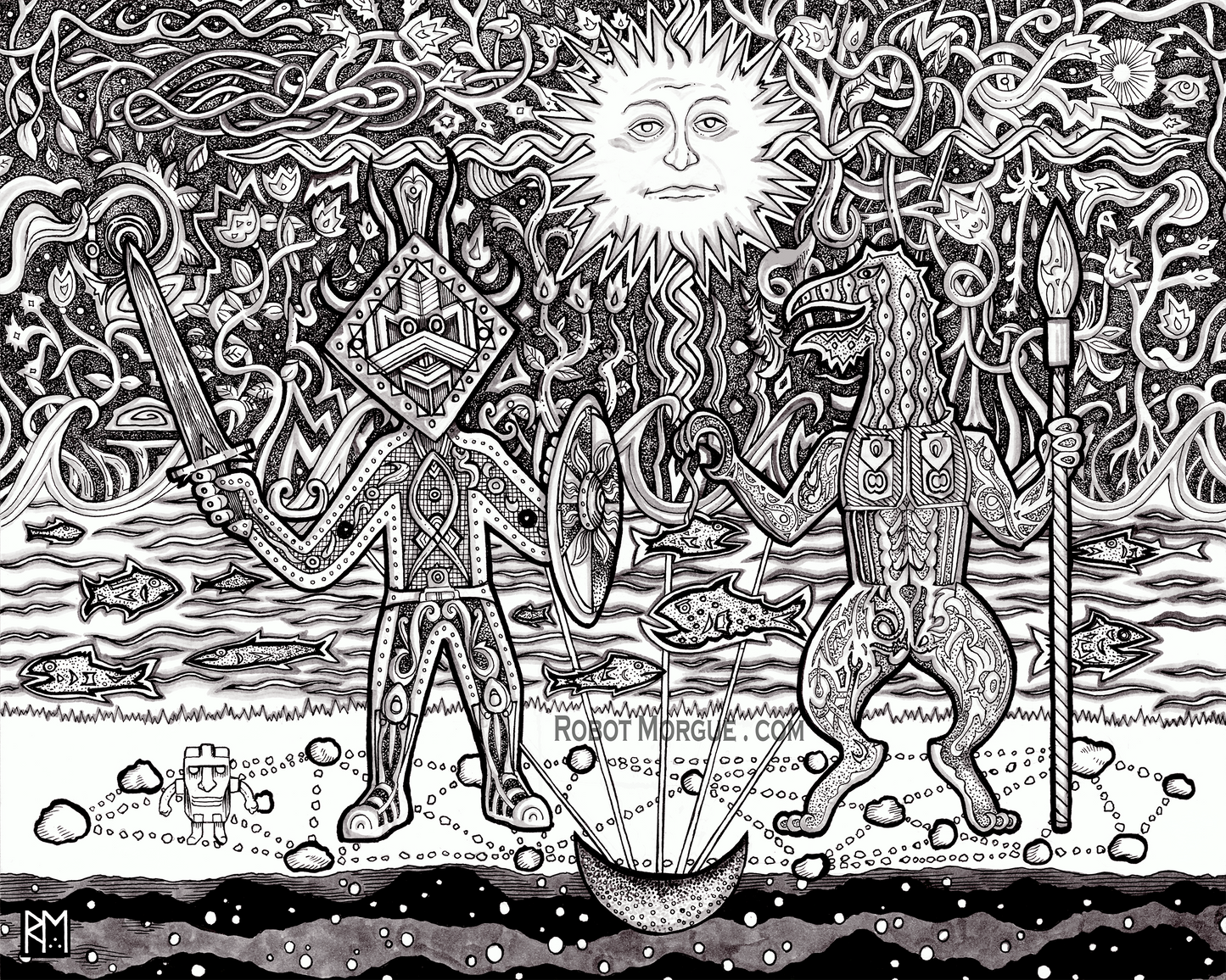 Tribal Battle – Folkloric Art Print – Ancient Sun & Warriors Wall Art