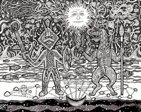 Tribal Battle – Folkloric Art Print – Ancient Sun & Warriors Wall Art